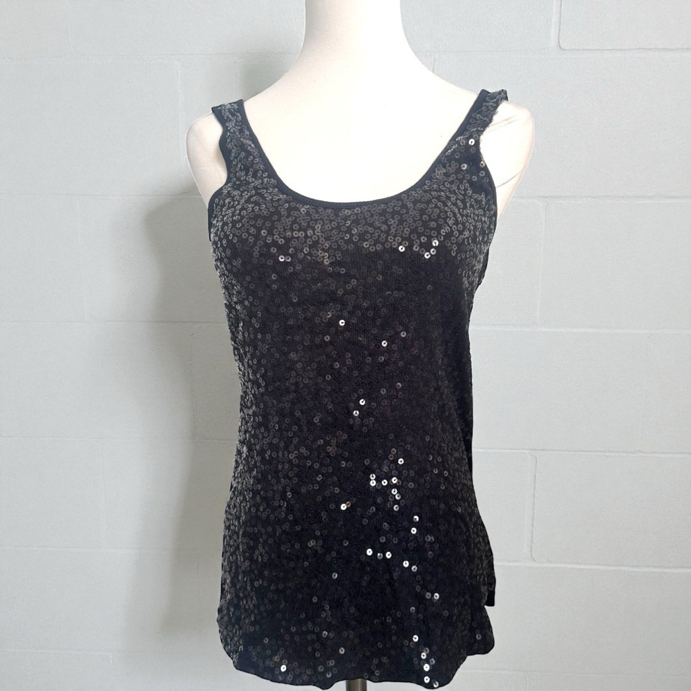 Black Sequin Tank Top | 90s Y2K Party Cami Shimmer Evening Layer Goth Fairy M